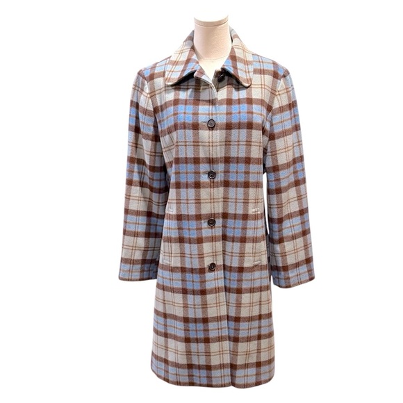Lands End Wool Blend Plaid Blue Brown Knee Length Car Coat Womens size 12 - Picture 1 of 10